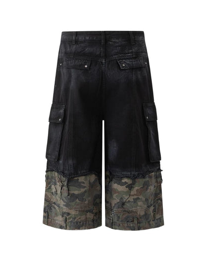 Street Distressed Patchwork Long Camo Jorts