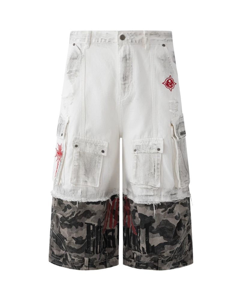 Street Distressed Patchwork Long Camo Jorts
