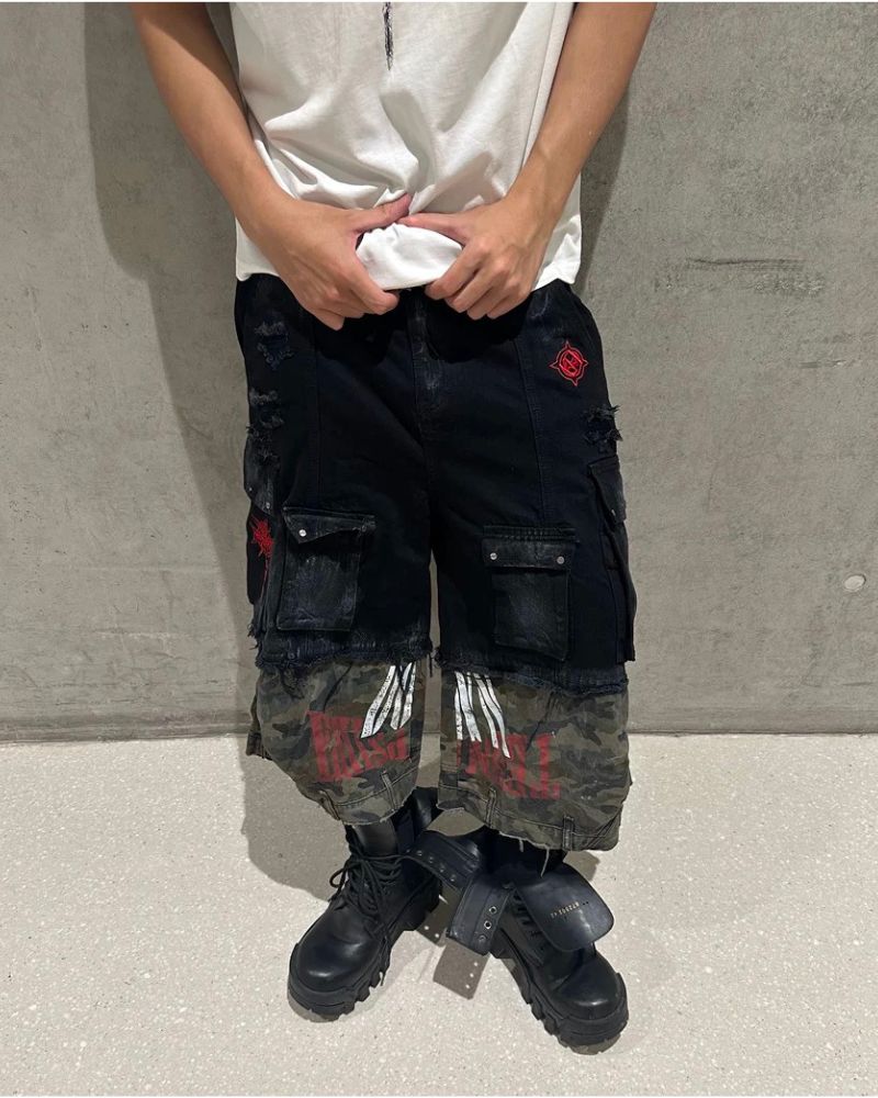 Street Distressed Patchwork Long Camo Jorts