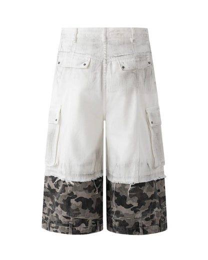 Street Distressed Patchwork Long Camo Jorts