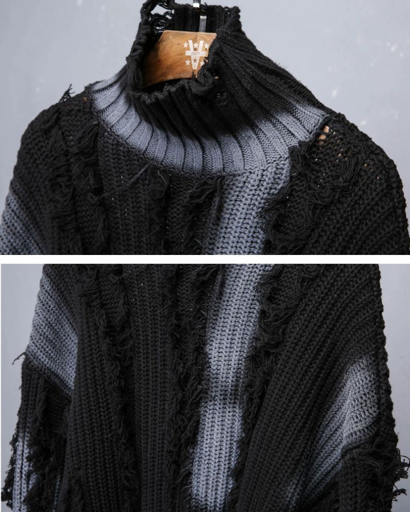 Street-Style Fringe Colorblock Turtleneck Sweater