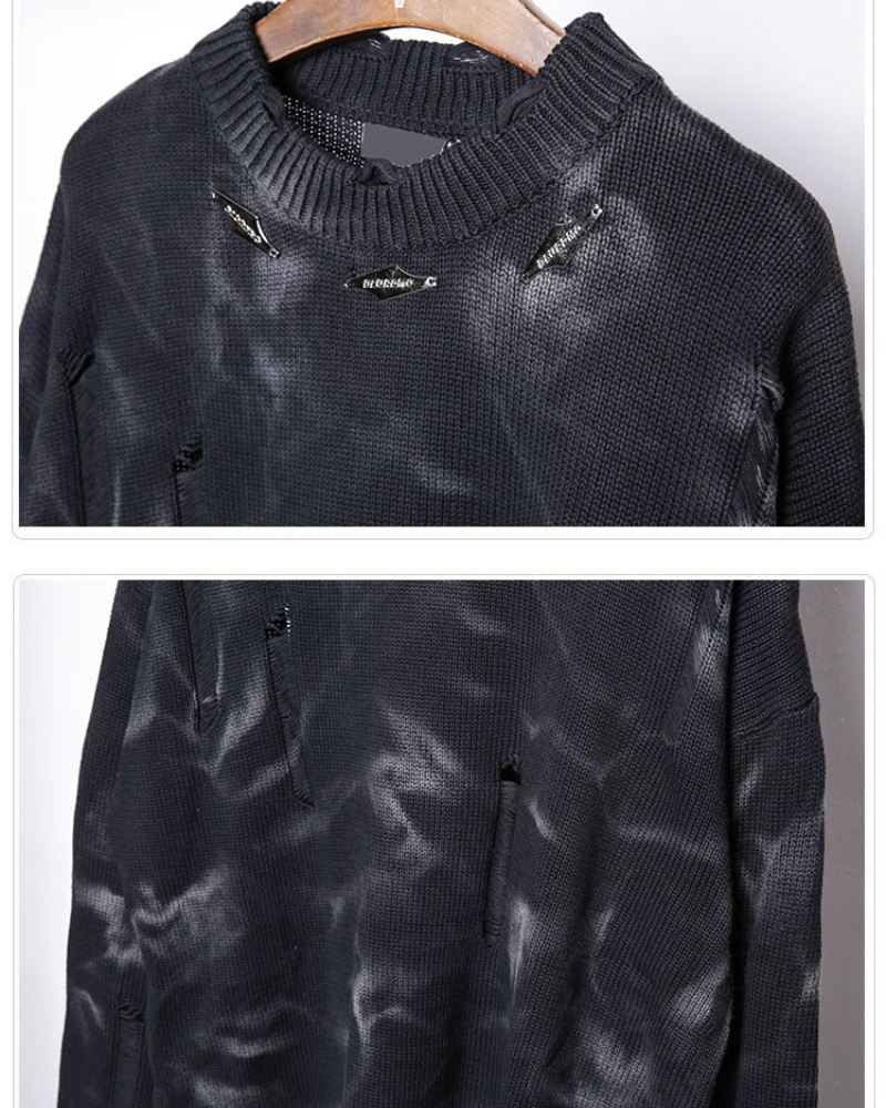 Street-Style Washed Tie-Dye Distressed Sweater