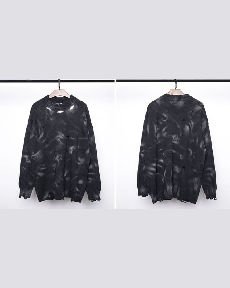 Street-Style Washed Tie-Dye Distressed Sweater