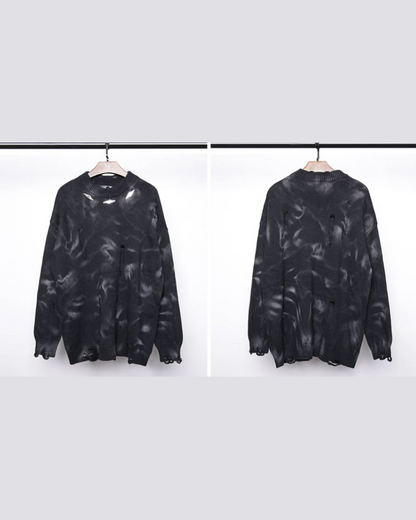 Street-Style Washed Tie-Dye Distressed Sweater