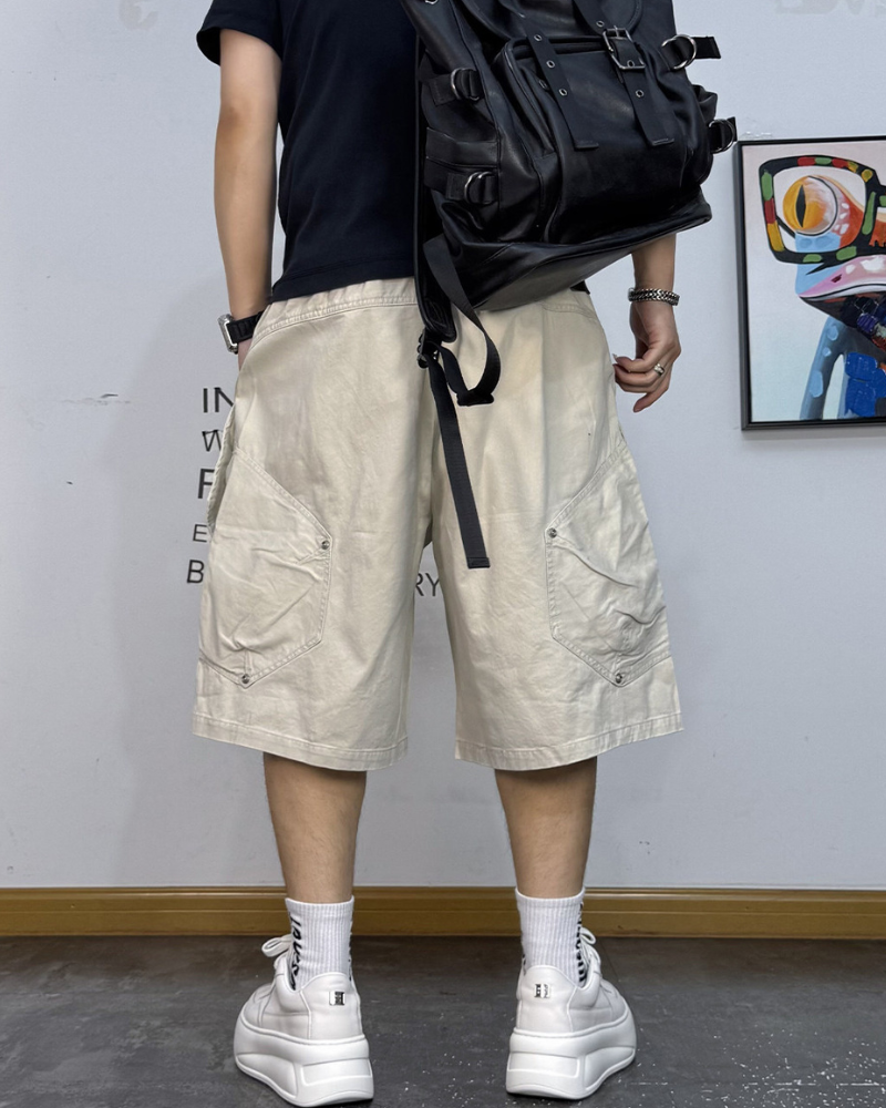 Street-Style Washed Distressed Cargo Shorts