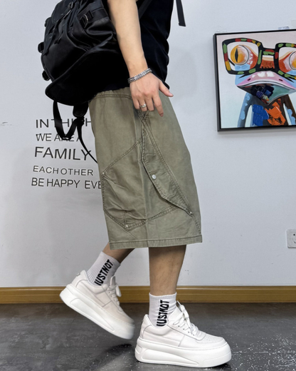 Street-Style Washed Distressed Cargo Shorts