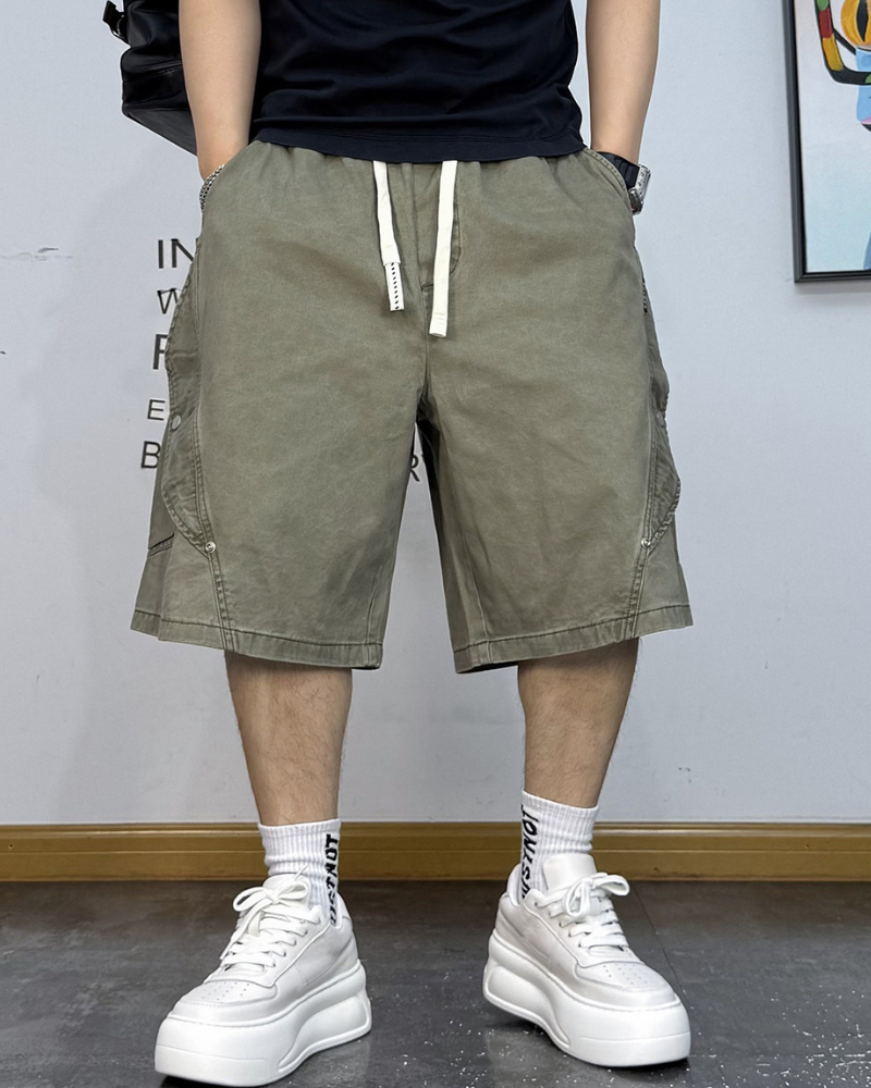 Street-Style Washed Distressed Cargo Shorts