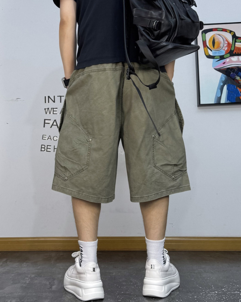 Street-Style Washed Distressed Cargo Shorts