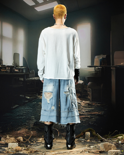 Street Unisex Double Waist Ripped Baggy Jorts