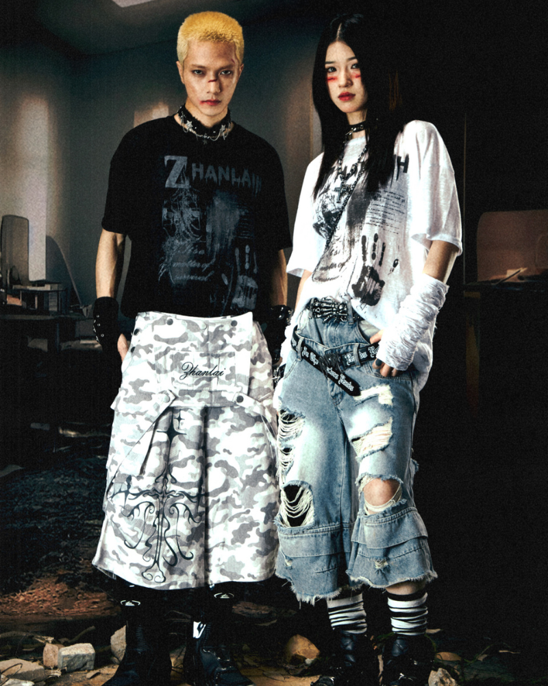 Street Unisex Double Waist Ripped Baggy Jorts