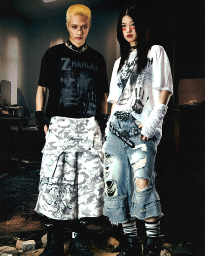 Street Unisex Double Waist Ripped Baggy Jorts