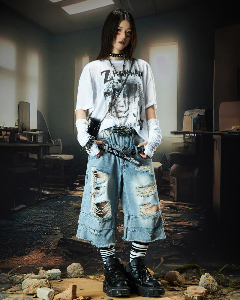 Street Unisex Double Waist Ripped Baggy Jorts