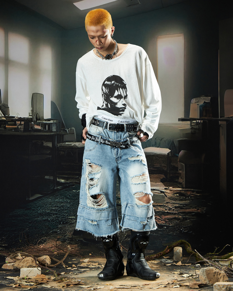 Street Unisex Double Waist Ripped Baggy Jorts