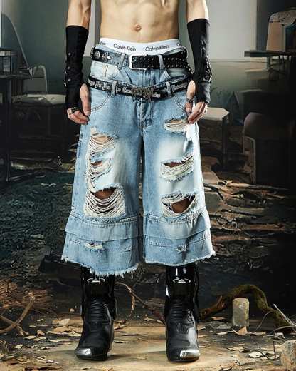 Street Unisex Double Waist Ripped Baggy Jorts