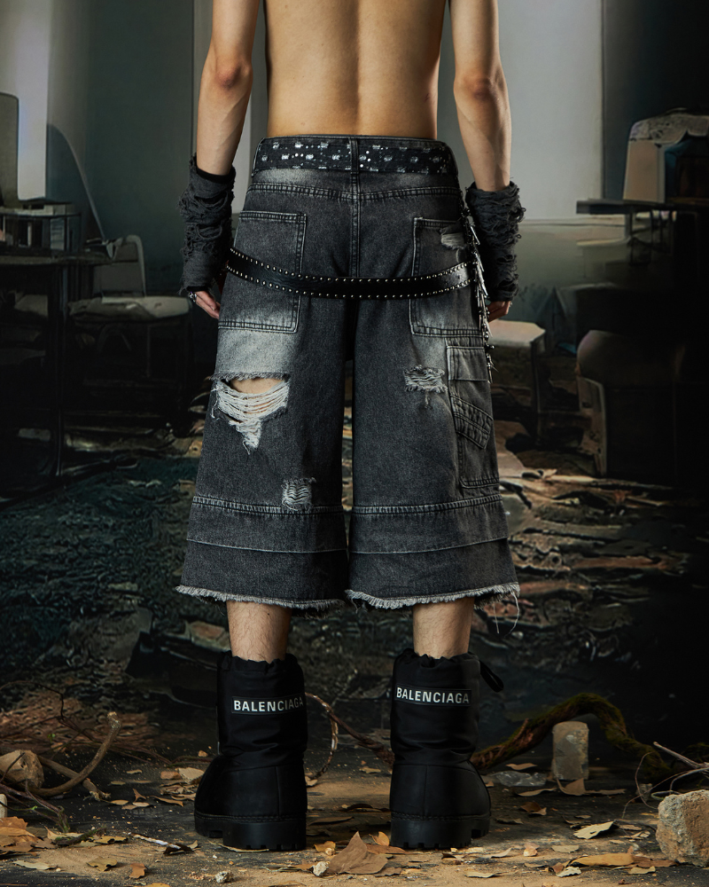Street Unisex Double Waist Ripped Baggy Jorts