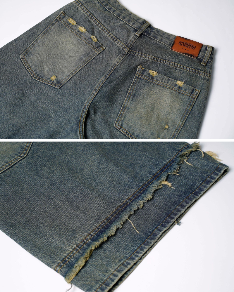 Street Unisex Washed Patchwork Whisker Baggy Jorts