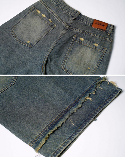 Street Unisex Washed Patchwork Whisker Baggy Jorts