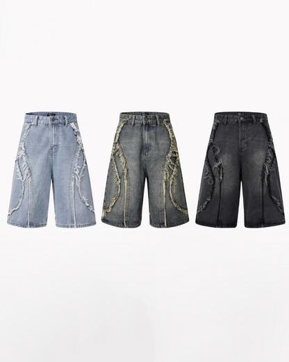 Street Unisex Washed Patchwork Whisker Baggy Jorts