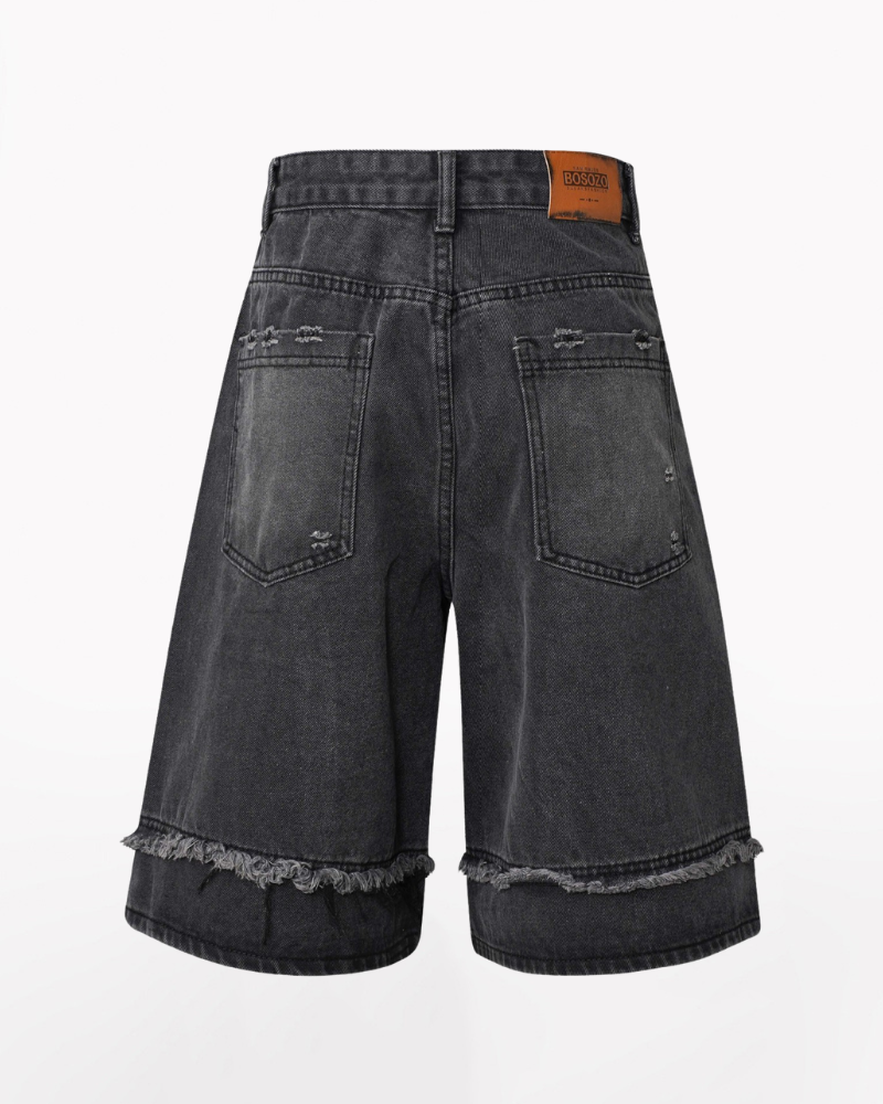 Street Unisex Washed Patchwork Whisker Baggy Jorts