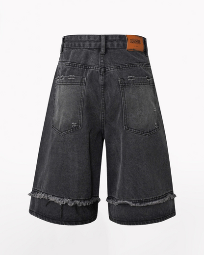 Street Unisex Washed Patchwork Whisker Baggy Jorts