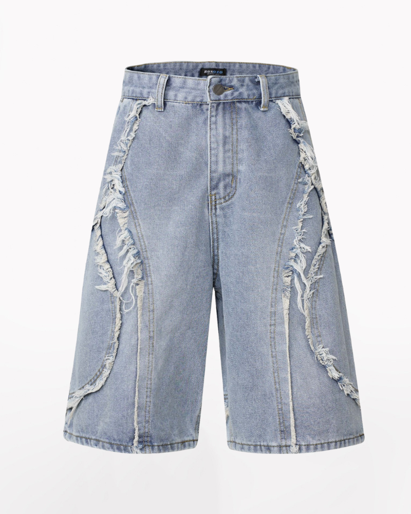 Street Unisex Washed Patchwork Whisker Baggy Jorts