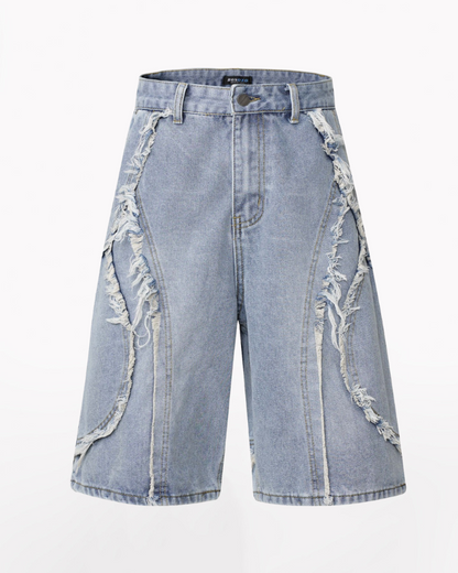 Street Unisex Washed Patchwork Whisker Baggy Jorts