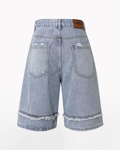 Street Unisex Washed Patchwork Whisker Baggy Jorts