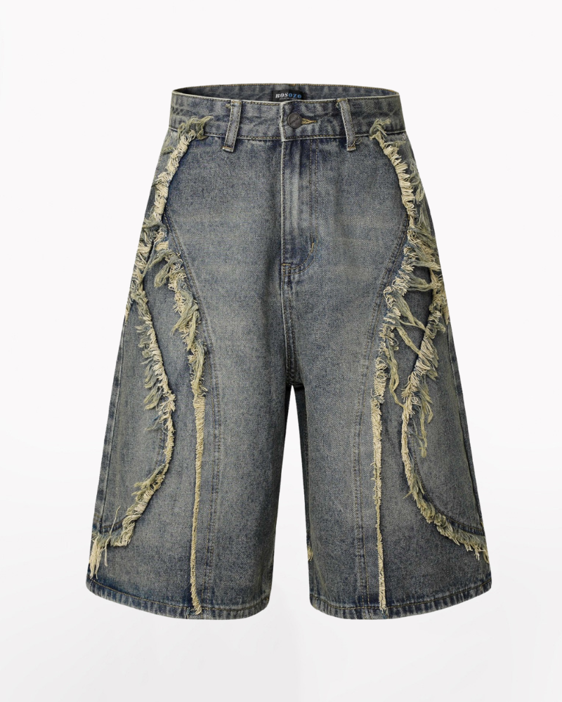 Street Unisex Washed Patchwork Whisker Baggy Jorts