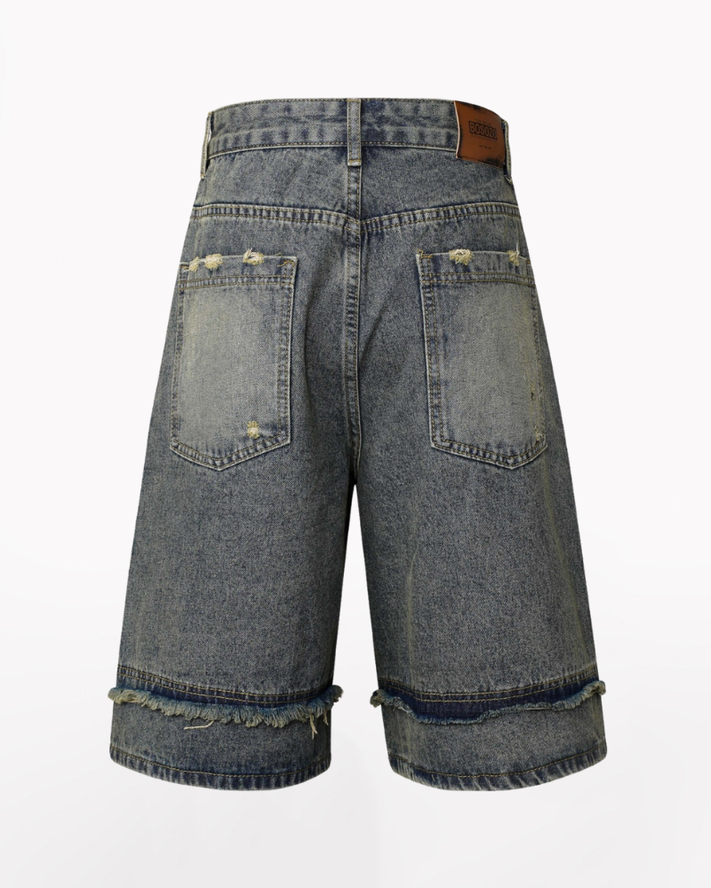 Street Unisex Washed Patchwork Whisker Baggy Jorts