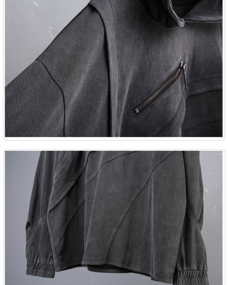 Street Vintage-Wash Patchwork Techwear Hoodie