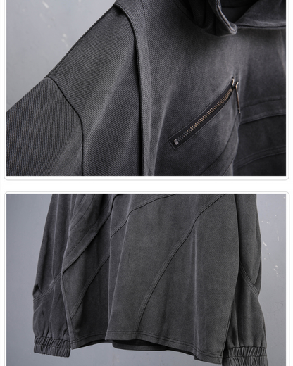 Street Vintage-Wash Patchwork Techwear Hoodie