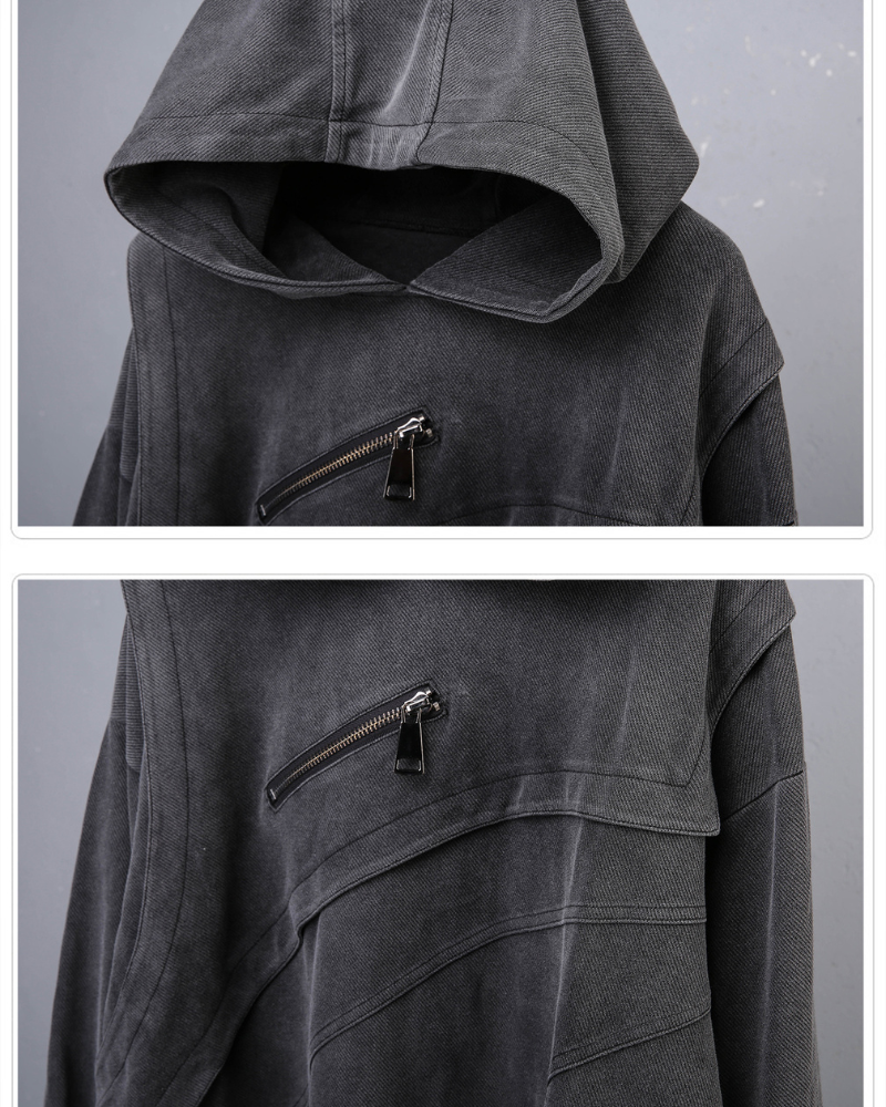 Street Vintage-Wash Patchwork Techwear Hoodie