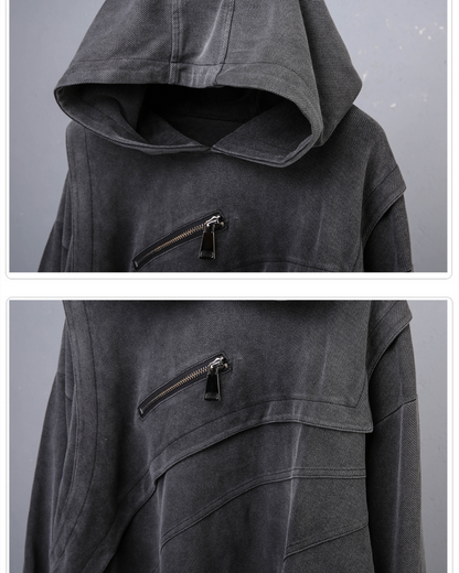 Street Vintage-Wash Patchwork Techwear Hoodie