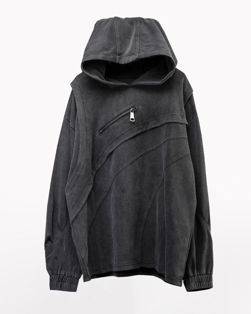 Street Vintage-Wash Patchwork Techwear Hoodie