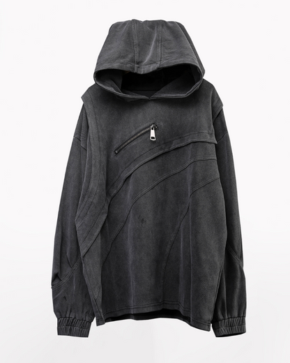 Street Vintage-Wash Patchwork Techwear Hoodie