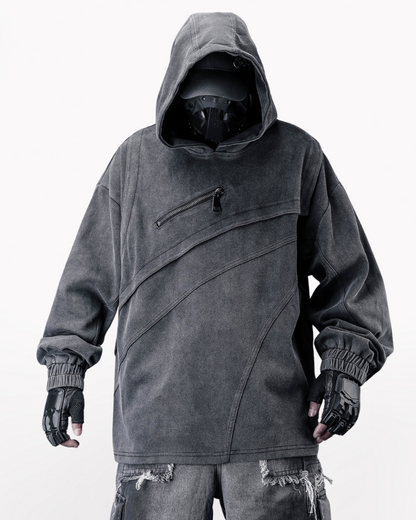 Street Vintage-Wash Patchwork Techwear Hoodie