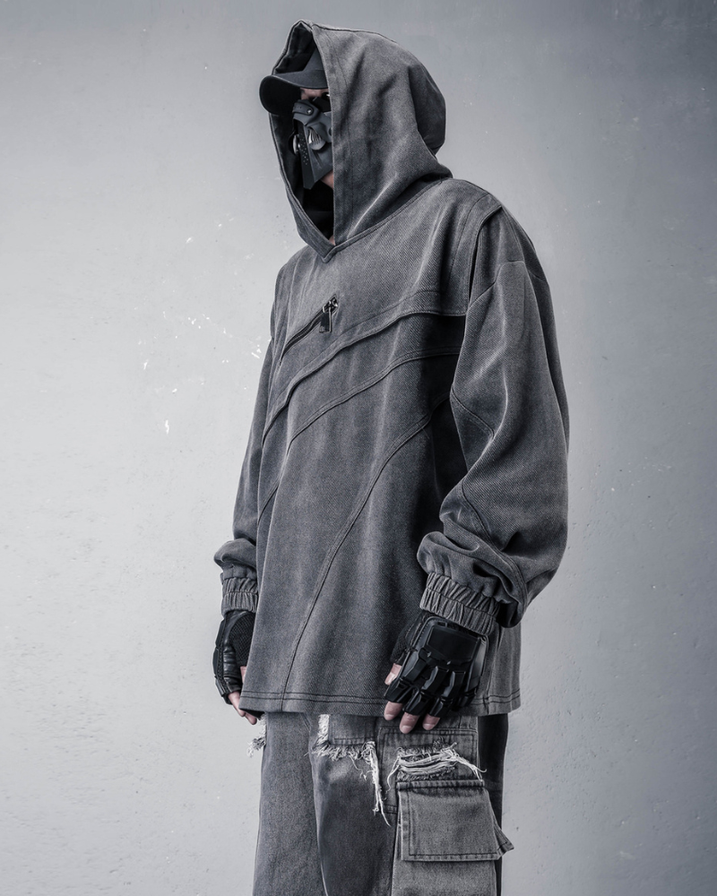 Street Vintage-Wash Patchwork Techwear Hoodie
