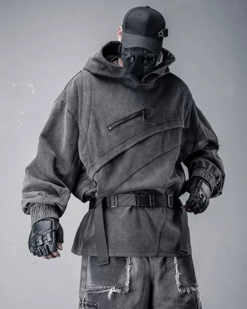 Street Vintage-Wash Patchwork Techwear Hoodie