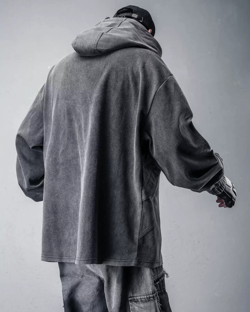 Street Vintage-Wash Patchwork Techwear Hoodie