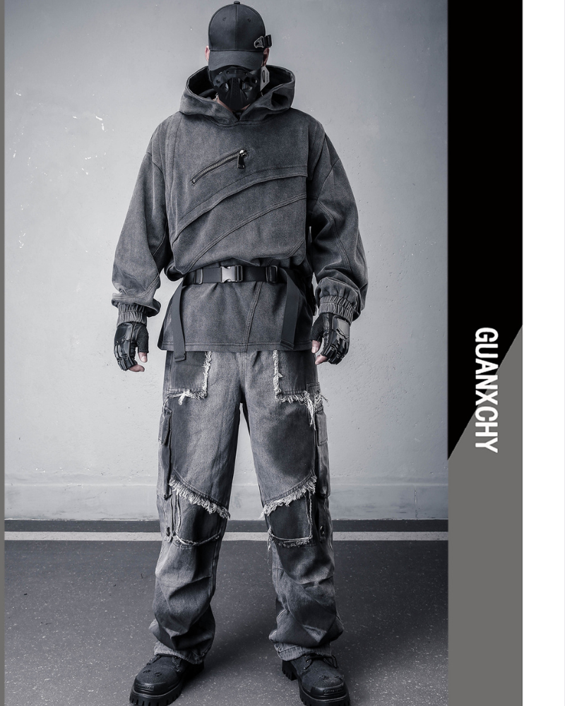 Street Vintage-Wash Patchwork Techwear Hoodie