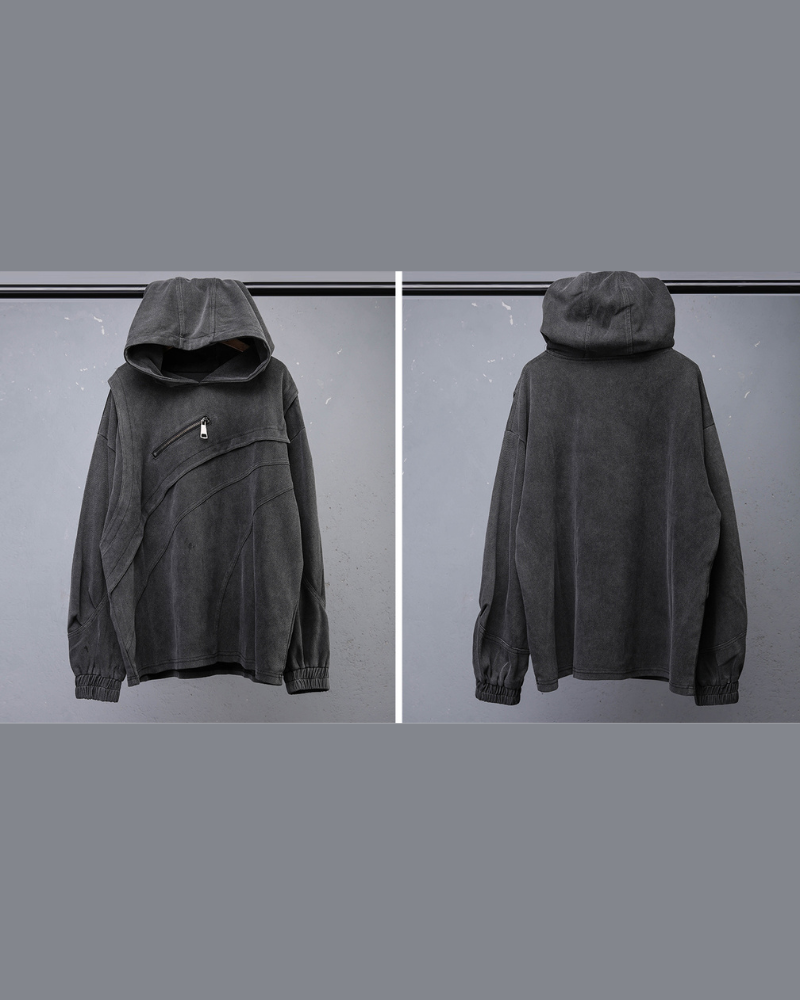 Street Vintage-Wash Patchwork Techwear Hoodie