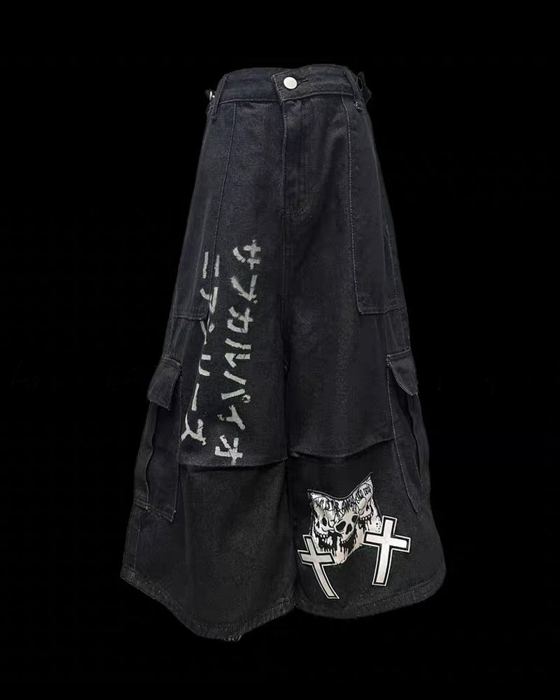 Street Washed Chains Denim Baggy Jorts – Techwear Official