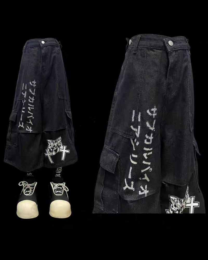 Street Washed Chains Denim Baggy Jorts – Techwear Official