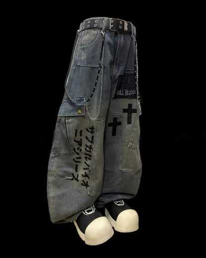 Street Washed Chains Denim Pants | Y2K Jeans