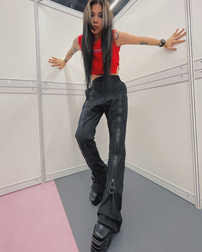 Opium Style Street Y2K Fashion Zipper Flared Pants