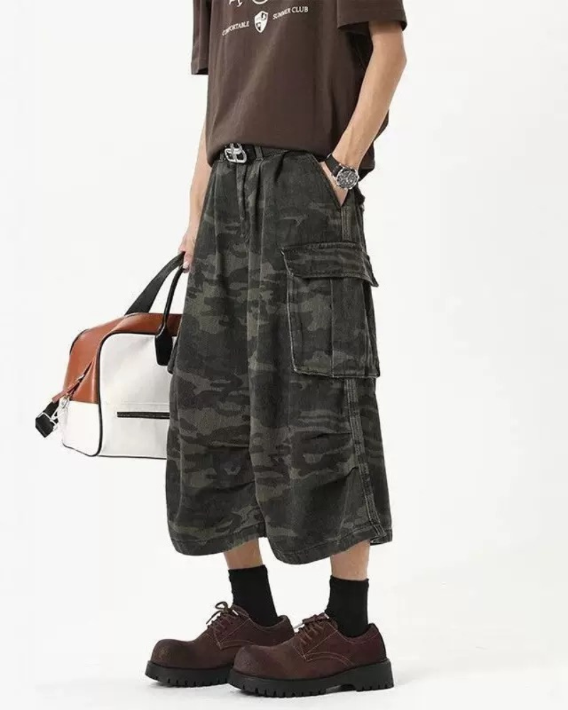 Street Deconstructed Washed Cargo Camo Jorts