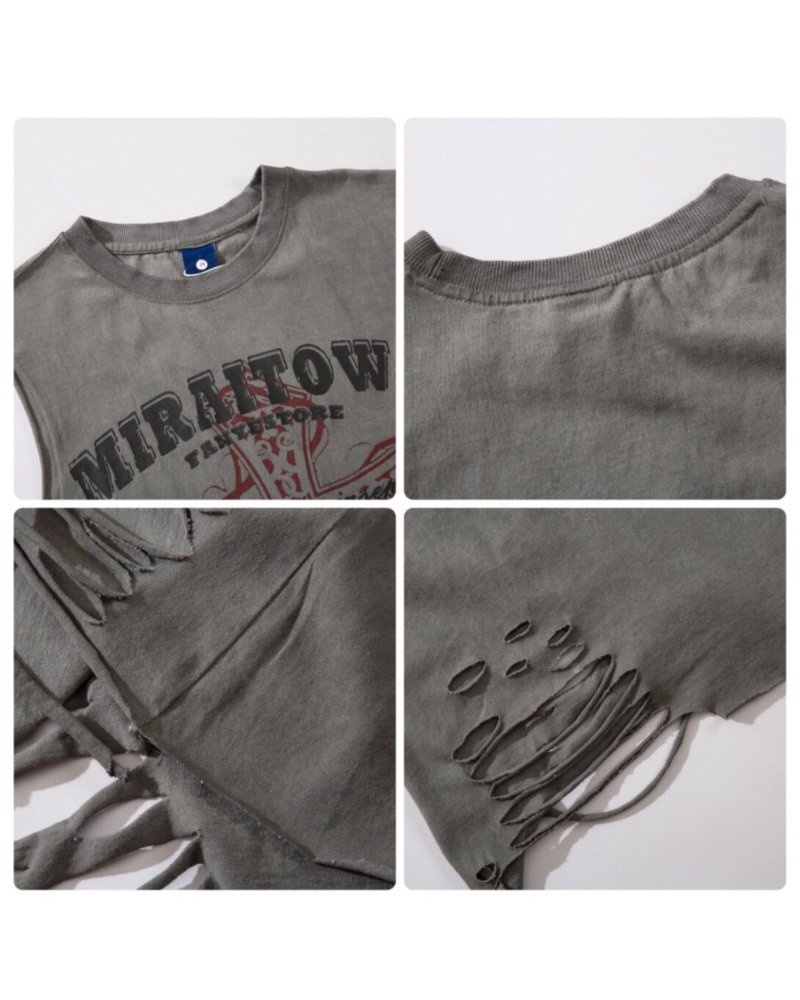 Street Distressed Washed Raw-Hem Sleeveless Shirt