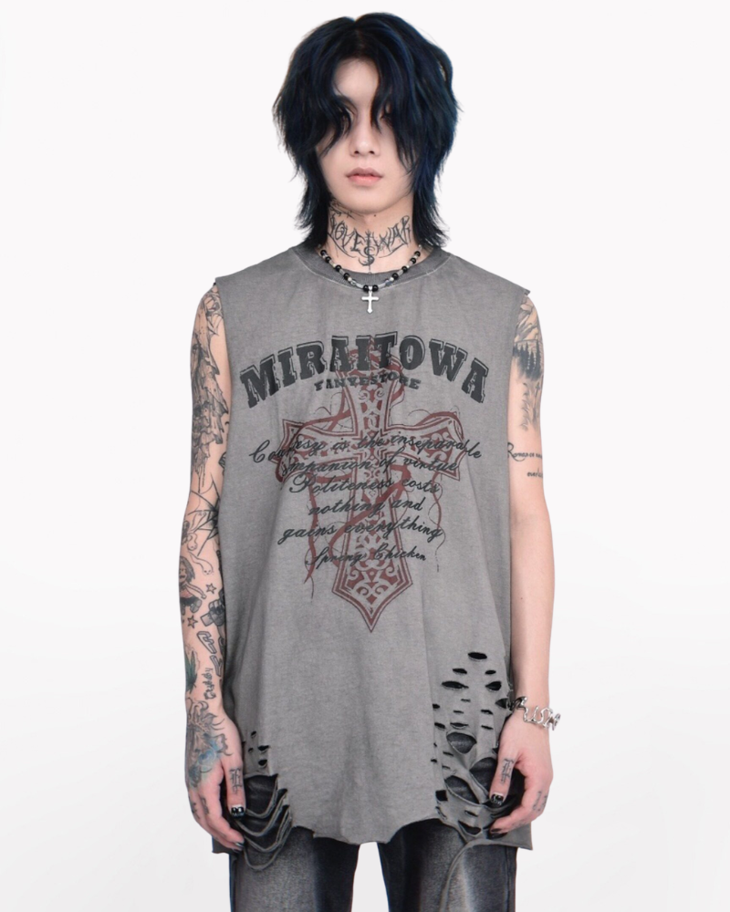 Street Distressed Washed Raw-Hem Sleeveless Shirt