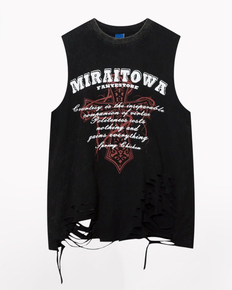 Street Distressed Washed Raw-Hem Sleeveless Shirt