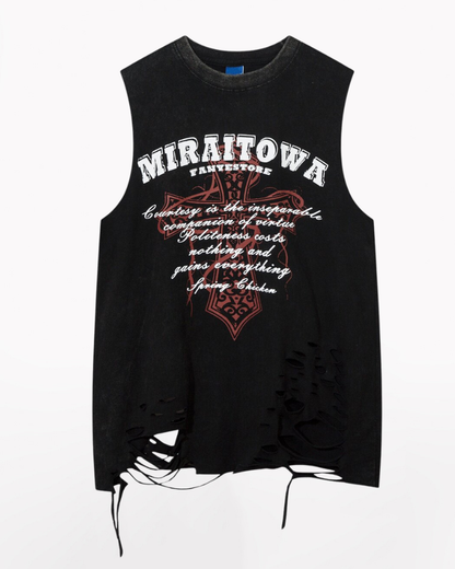 Street Distressed Washed Raw-Hem Sleeveless Shirt